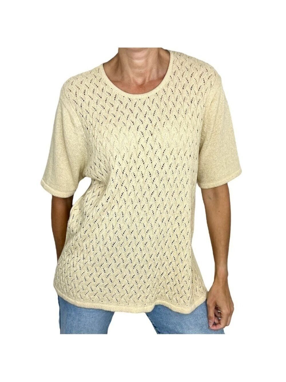 Vintage beige short sleeve open knit sweater XL
